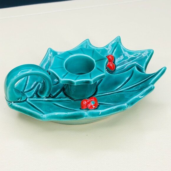 Hallmark Green Holly Berry Candleholder Dish Kitsch Vintage Christmas Decor - Picture 3 of 10